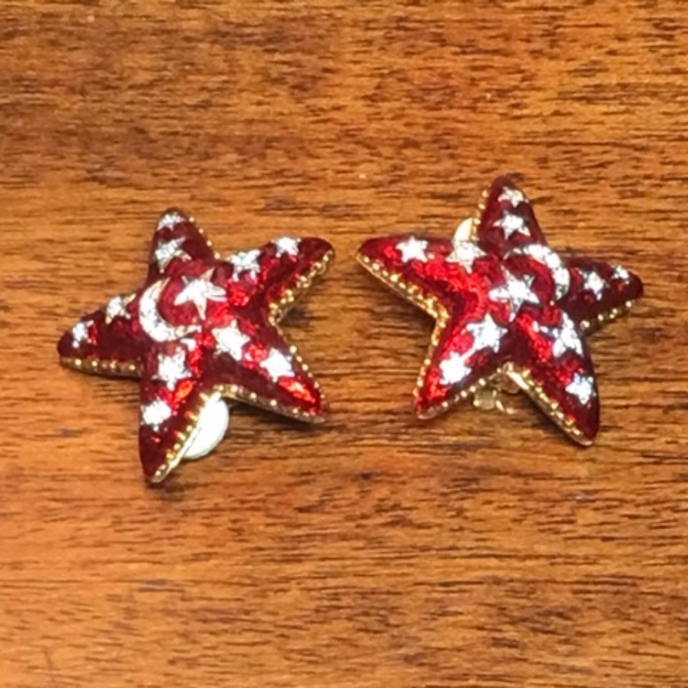 Rare QVC QUACKER FACTORY Enamel Star Clip Earrings